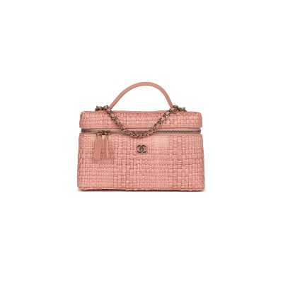 CHANEL MASTER TOP HANDLE LONG VANITY CASE WITH CHAIN LIGHT PINK BRAIDED RAFFIA LIGHT GOLD HARDWARE AP4385 (19.5*17*5cm) 